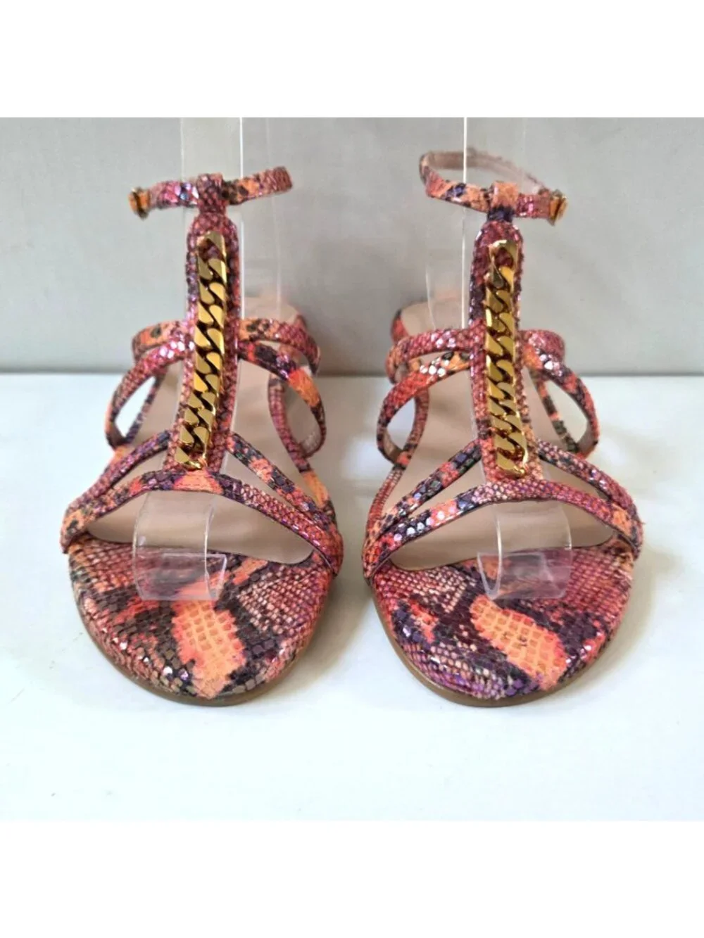 Stuart Weitzman Sandals 7 Pink Melon Tiffy Chain Trim Strappy Leather Wedge NEW